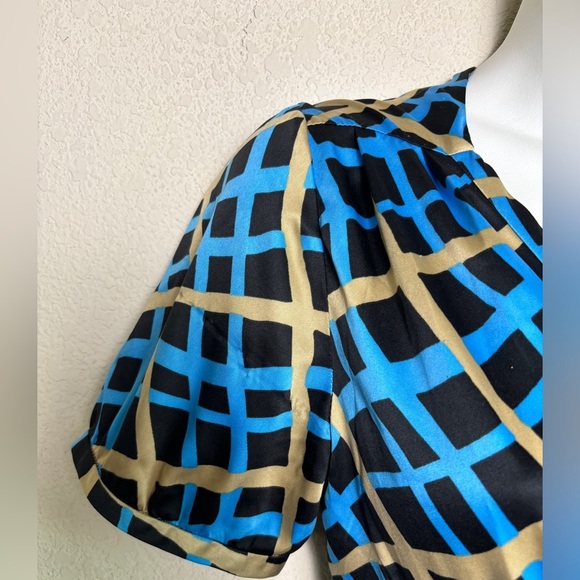 Banana Republic Blue & Tan Abstract Geometric Plaid Silky Feel Wrap Dress 4 - Picture 2 of 11